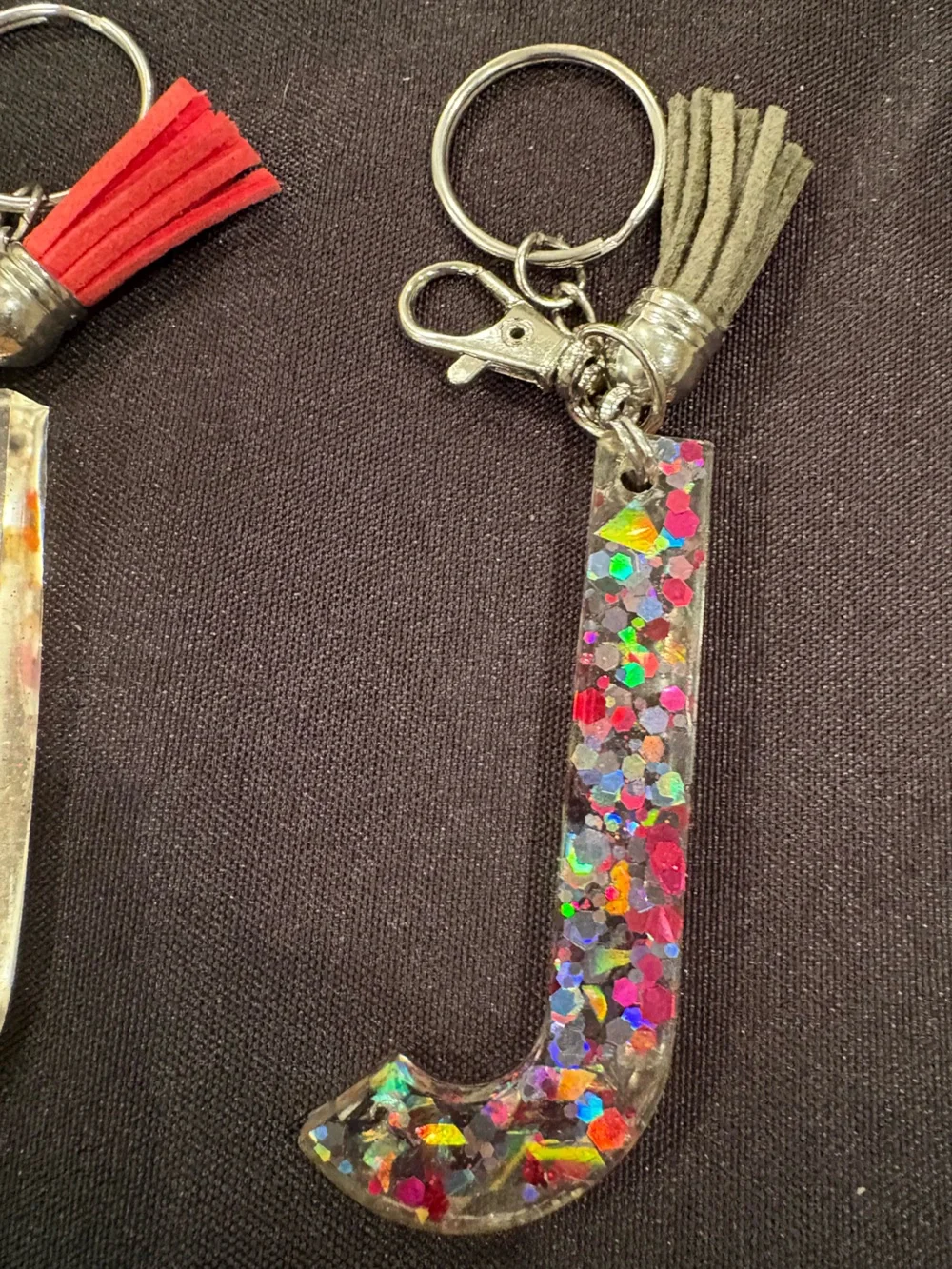 Resin J Initial Keychain and Tassels